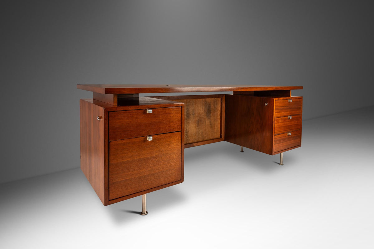 Mid-Century Modern Executive Desk in Walnut w/ Cane Front Flying Sau