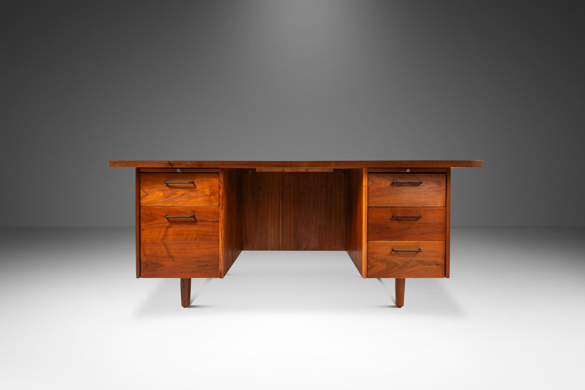 Mid-Century Modern V-Shaped Walnut Executive Desk w/ Black Leather Top