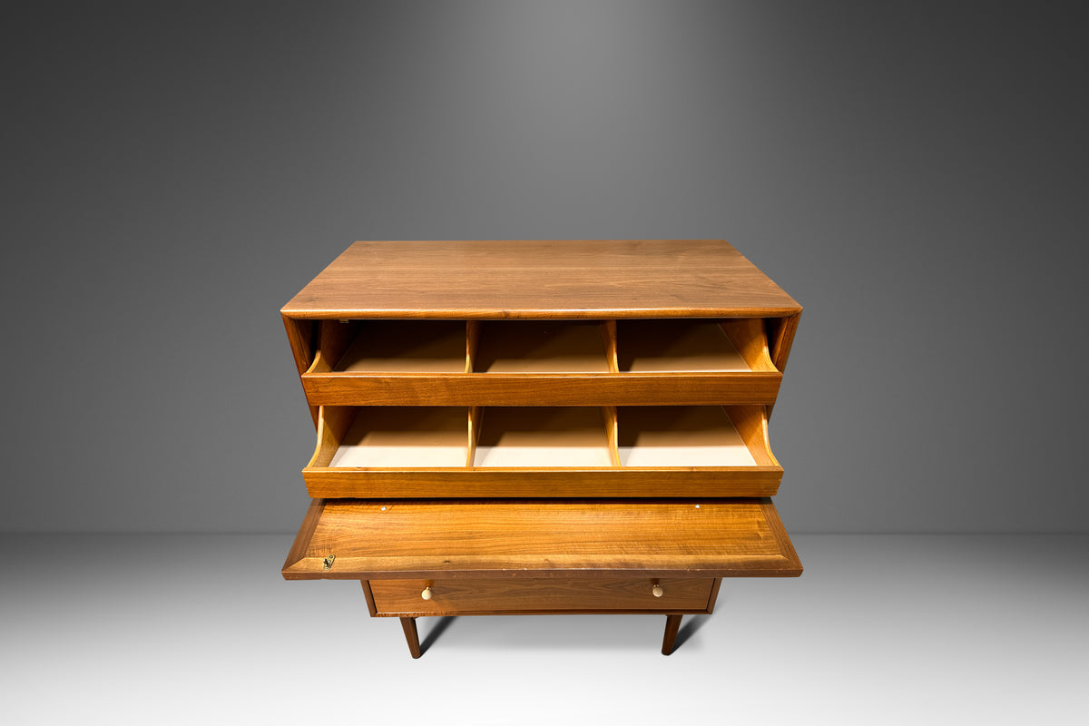 Mid Century Modern Walnut Tall Boy Five Drawer Dresser by