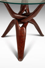 Load image into Gallery viewer, Organic Mid-Century Modern Accent Table Carved from Solid Mahogany w/ Interlocking Legs & Glass Top, USA, c. 1970's-ABT Modern
