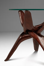Load image into Gallery viewer, Organic Mid-Century Modern Accent Table Carved from Solid Mahogany w/ Interlocking Legs & Glass Top, USA, c. 1970's-ABT Modern