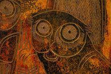 Load image into Gallery viewer, RARE Mid-Century Modern Earth Toned Parliament of Owls Painting with Custom-Made Walnut Frame by Sukhya, c. 1960s-ABT Modern