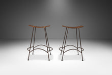 Load image into Gallery viewer, Set of Two (2) Mid-Century Modern Counter Height Wrought Iron Barstools in the Manner of Arthur Umanoff, USA, c. 1970's-ABT Modern