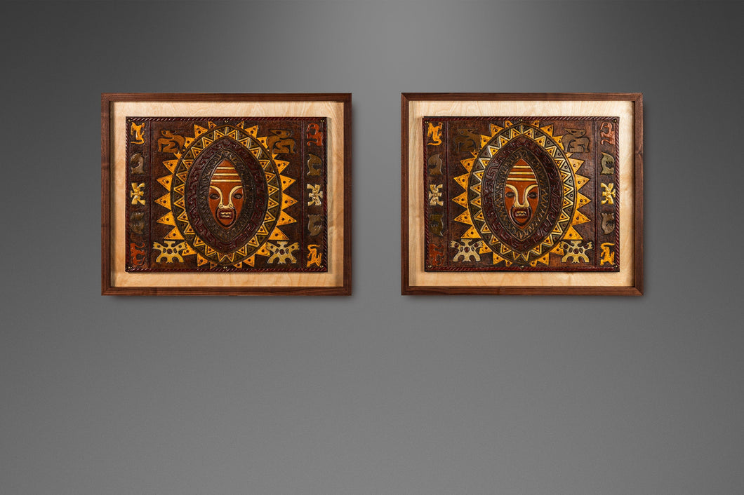 Set of Two (2) Mid Century Modern Framed Embossed Leather Pre-Columbian Folk Art by Angel Pazmino, Ecuador, c. 1960's-ABT Modern