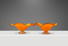 Load image into Gallery viewer, Set of Two (2) Teleflora Blown Art Glass Serving Bowls in Vibrant Orange & Clear Pedestal Bases, USA, c. 1970s-ABT Modern