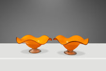 Load image into Gallery viewer, Set of Two (2) Teleflora Blown Art Glass Serving Bowls in Vibrant Orange & Clear Pedestal Bases, USA, c. 1970s-ABT Modern
