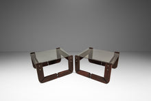 Load image into Gallery viewer, Set of Two (2) Mid-Century Modern Brutalist End Tables w/ Smoked Glass Tops in Jacaranda by Percival Lafer, Brazil, c. 1970s
