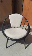 Load and play video in Gallery viewer, Danish Mid-Century Modern Ebonized "Hoop" / "Peacock" Chair in Walnut & White Bouclé by Ib Kofod-Larsen for Selig, Denmark, c. 1960s