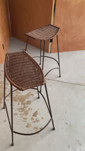 Load and play video in Gallery viewer, Set of Two (2) Mid-Century Modern Counter Height Wrought Iron Barstools in the Manner of Arthur Umanoff, USA, c. 1970's