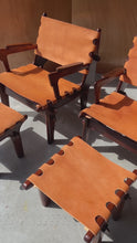 Load and play video in Gallery viewer, Set of Two ( 2 ) Mid-Century Modern Tooled Leather Sling / Safari Lounge Chairs w/ Ottomans by Angel Pazmino, Ecuador, c. 1960s