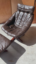 Load and play video in Gallery viewer, Scandinavian Mid-Century Modern Swivel Lounge Chair & Ottoman Set in Leather and Beech, Scandinavia, c. 1970s