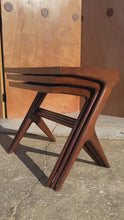 Load and play video in Gallery viewer, Set of Three (3) Mid-Century Italian Modern Nesting Tables in Solid Walnut In the Manner of Ico Parisi, Italy, c. 1960s
