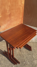 Load and play video in Gallery viewer, Set of Three ( 3 ) Danish Mid-Century Modern Nesting Tables in Teak by Kai Kristiansen for Vildbjerg Møbelfabrik, Denmark, c. 1960s