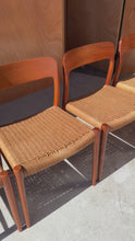 Load and play video in Gallery viewer, Set of Four ( 4 ) Original Møller Model #75 Dining Chairs in Teak & Paper Cord by Niels Møller for J.L. Møllers Møbelfabrik, Denmark, 1960s