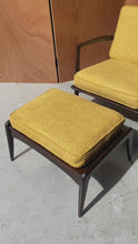 Load and play video in Gallery viewer, Danish Modern "Blade Arm" Lounge Chair and Ottoman Set in Beech & Bouclé by Ib Kofod Larsen for Selig, Denmark, c. 1960's