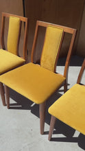 Load and play video in Gallery viewer, Set of Four (4) Mid-Century Modern Dining Chairs in Walnut & Yellow Felt in the Manner of Edward Wormley, USA, c. 1960s