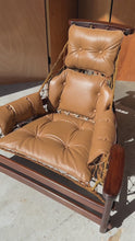 Load and play video in Gallery viewer, Rare Set of Two ( 2 ) 'Jangada' Lounge Chairs w/ Matching Ottoman in Jacaranda & Leather by Jean Gillon for Wood Art, Brazil, c. 1960s