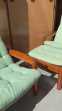 Load and play video in Gallery viewer, Mid-Century Modern Living Room Set (Loveseat, 2 Lounge Chairs, 2 Ottomans w/ Matching Table) in Teak by Domino Møbler, Denmark, c. 1970's