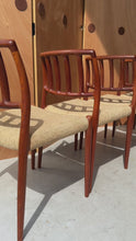 Load and play video in Gallery viewer, Set of Four ( 4 ) Model 83 Teak Dining Chairs by Niels Otto Møller for J.L. Møller w/ Original Fabric, Denmark, c. 1970's