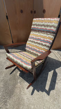 Load and play video in Gallery viewer, Danish Mid-Century Modern Sculptural Rocking Chair in Mahogany & New Bohemian Upholstery by Poul Volther for Frem Rojle, Denmark, c. 1960s