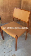 Load and play video in Gallery viewer, Set of Eight (8) Model 80 Dining Chairs in Teak & Leather by Niels Otto Møller for J.L. Møller Mobelfabrik, Denmark, c. 1960's