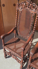 Load and play video in Gallery viewer, Set of Two ( 2 ) Antique 18th Century Jacobean Stuart Baroque Styled Hand-Carved Armchairs in Oak & Cane, England, c. 1890s
