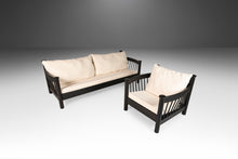 Load image into Gallery viewer, Bespoke Ebonized Barrel Back Four Seat Sofa and Lounge Chair Newly Upholstered in White Bouclé, USA, 1970's-ABT Modern