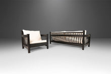 Load image into Gallery viewer, Bespoke Ebonized Barrel Back Four Seat Sofa and Lounge Chair Newly Upholstered in White Bouclé, USA, 1970's-ABT Modern