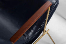 Load image into Gallery viewer, Mid Century Modern Leather Lounge Chair & Ottoman in Blue with Gold Powder Coated Iron Base After Milo Baughman, USA, c. 1960s-ABT Modern