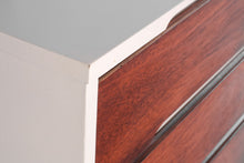 Load image into Gallery viewer, Mid Century Modern Two Tone Dresser By Stanley in White and Walnut w/ Brass Detailing, USA, c. 1960's-ABT Modern