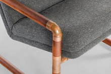 Load image into Gallery viewer, Unique Industrial Brass and Walnut Loveseat and Matching Chair w/ Gray Tweed Upholstery, USA, c. 1970's-ABT Modern