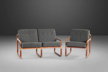 Load image into Gallery viewer, Unique Industrial Brass and Walnut Loveseat and Matching Chair w/ Gray Tweed Upholstery, USA, c. 1970's-ABT Modern
