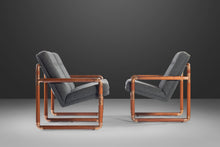 Load image into Gallery viewer, Unique Industrial Brass and Walnut Loveseat and Matching Chair w/ Gray Tweed Upholstery, USA, c. 1970's-ABT Modern