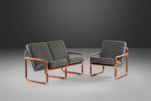 Load image into Gallery viewer, Unique Industrial Brass and Walnut Loveseat and Matching Chair w/ Gray Tweed Upholstery, USA, c. 1970's-ABT Modern