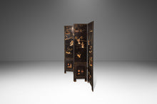 Load image into Gallery viewer, Antique Chinese Black Lacquered Four Panel Folding Screen Room Divider w/ Carved Hardstone, China, c. 1950s-ABT Modern
