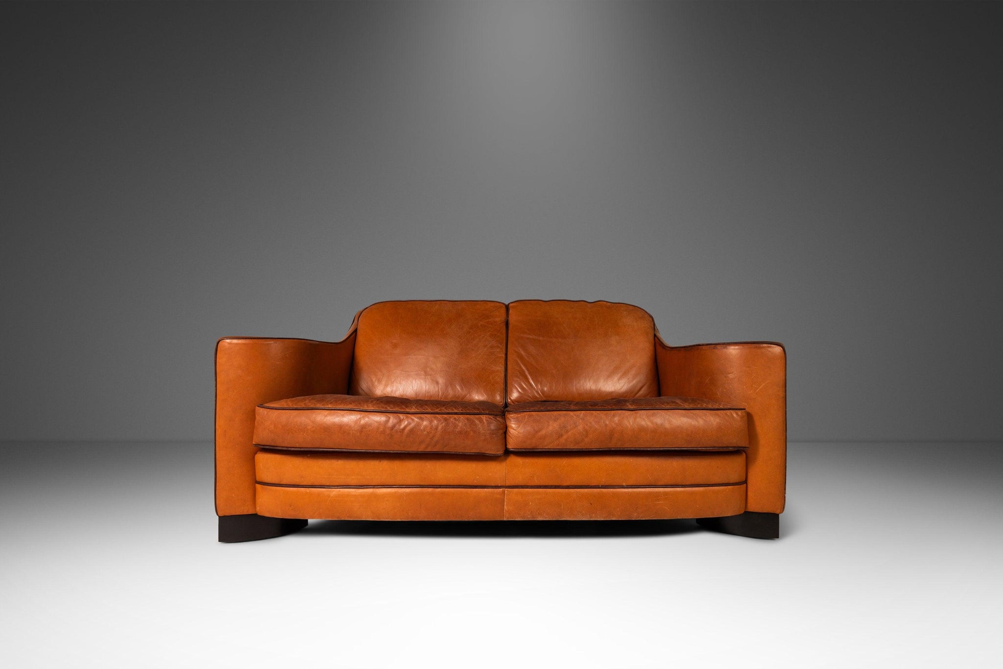 Art Deco Mid Century Modern Loveseat Sofa with Sculptural Arms in Pati
