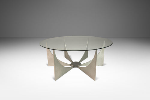 Brasilia Inspired Brutalist Hand-Welded Coffee Table in Solid Aluminum w/ Glass Top Attributed to Donald Drumm, USA, c. 1960s-ABT Modern
