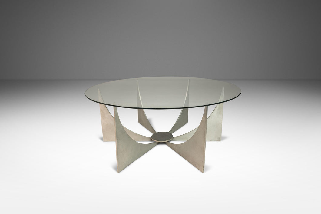 Brasilia Inspired Brutalist Hand-Welded Coffee Table in Solid Aluminum w/ Glass Top Attributed to Donald Drumm, USA, c. 1960s-ABT Modern