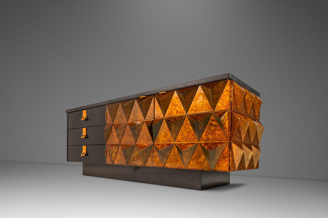 Brutalist Sculptural Diamond Faced Credenza / Sideboard With Leather Top, Italy, c. 1970s-ABT Modern