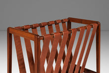Load image into Gallery viewer, Danish Mid-Century Modern Brutalist Magazine Rack in Solid Teak with Leather Straps, Denmark, c. 1960s-ABT Modern
