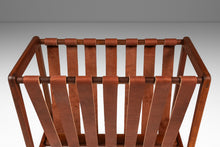 Load image into Gallery viewer, Danish Mid-Century Modern Brutalist Magazine Rack in Solid Teak with Leather Straps, Denmark, c. 1960s-ABT Modern
