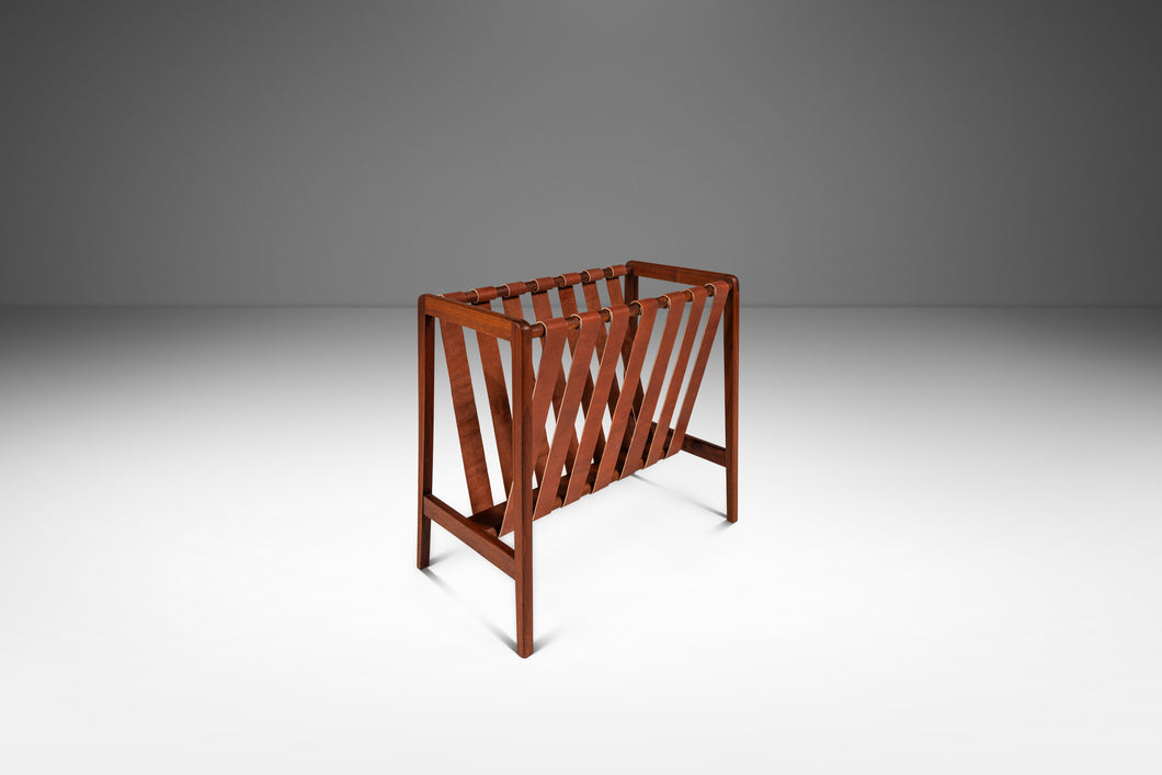Danish Mid-Century Modern Brutalist Magazine Rack in Solid Teak with Leather Straps, Denmark, c. 1960s-ABT Modern