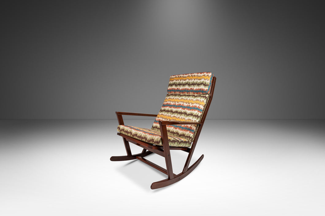 Danish Mid-Century Modern Sculptural Rocking Chair in Mahogany & New Bohemian Upholstery by Poul Volther for Frem Rojle, Denmark, c. 1960s-ABT Modern
