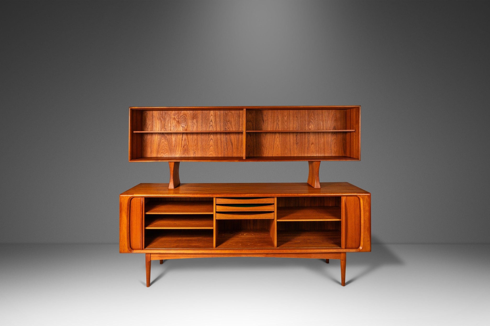 Danish Modern Double Decker Tambour Door Credenza w/ Display Topper in