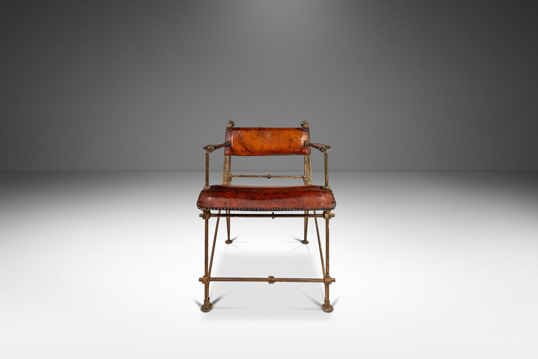 Early Patinaed Wrought Iron and Leather Armchair Lounge Chair / Armchair Attributed to Ilana Goor, Israel, c. 1960's-ABT Modern