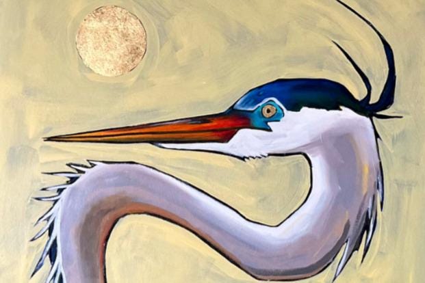 Great Blue Heron by James Mattinson, 24x60, Oil and Gold Leaf on Wood Canvas, 2024-ABT Modern
