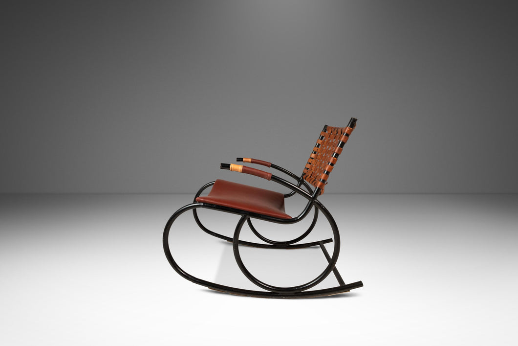 Mid-Century Italian Modern Brutalist Industrial Tubular Rocking Chair in Leather & Metal in the Manner of Thonet, USA, c. 1960s-ABT Modern
