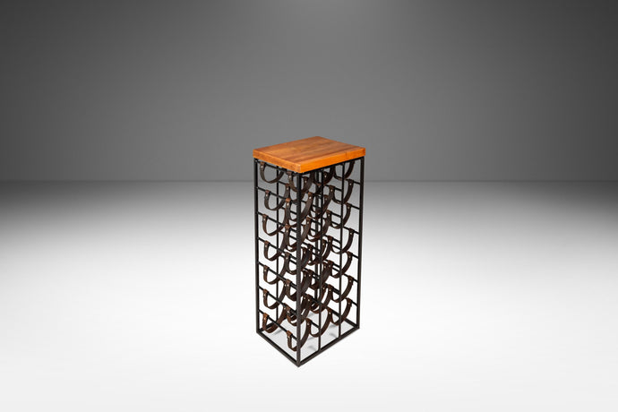 Mid-Century Modern 21 Bottle Wine Rack in Leather & Wrought Iron w/ Butcher Block Top by Arthur Umanoff, USA, c. 1960s-ABT Modern