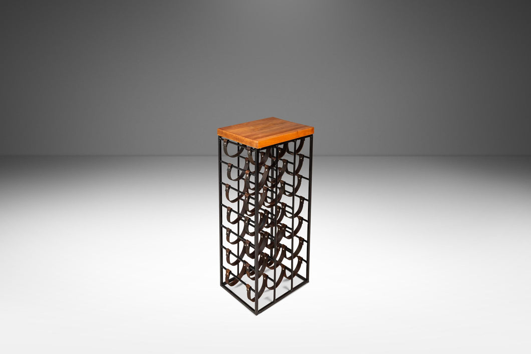 Mid-Century Modern 21 Bottle Wine Rack in Leather & Wrought Iron w/ Butcher Block Top by Arthur Umanoff, USA, c. 1960s-ABT Modern
