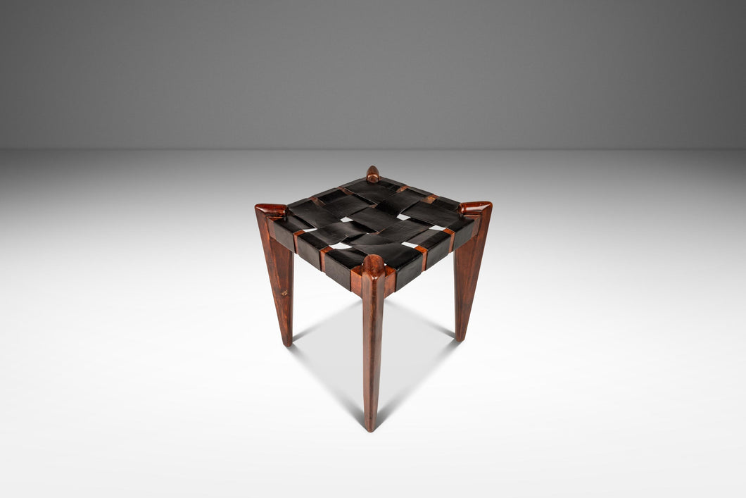 Mid-Century Modern Angular Footstool / Ottoman in Solid Teak & Leather by Edmond J. Spence, USA, c. 1950s-ABT Modern